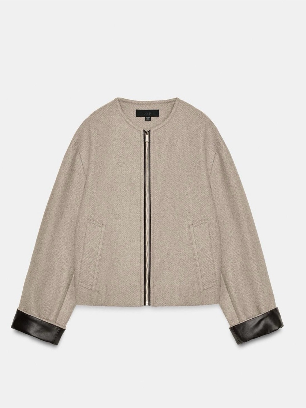 NWT Zara Beige Leather Trim Bomber Jacket Zip-Front Size S